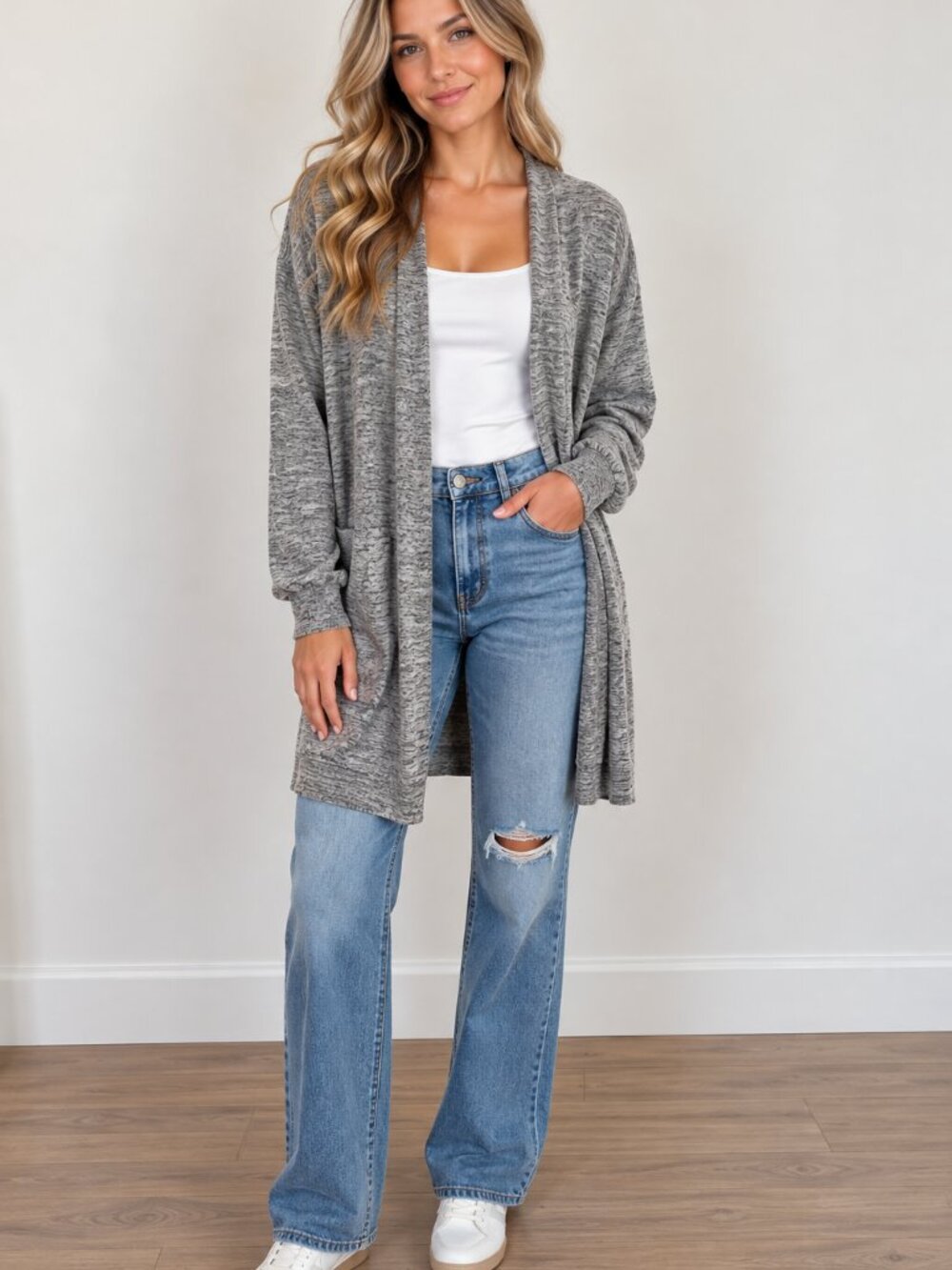 Reitmans Heather Gray Open-Front Drape Cardigan